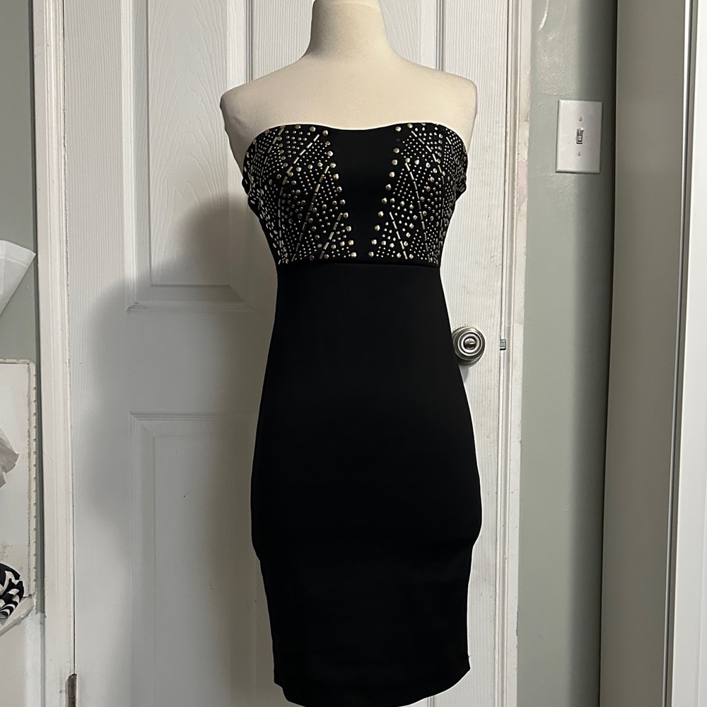 Body Central Black Strapless Dress with Gold Accents